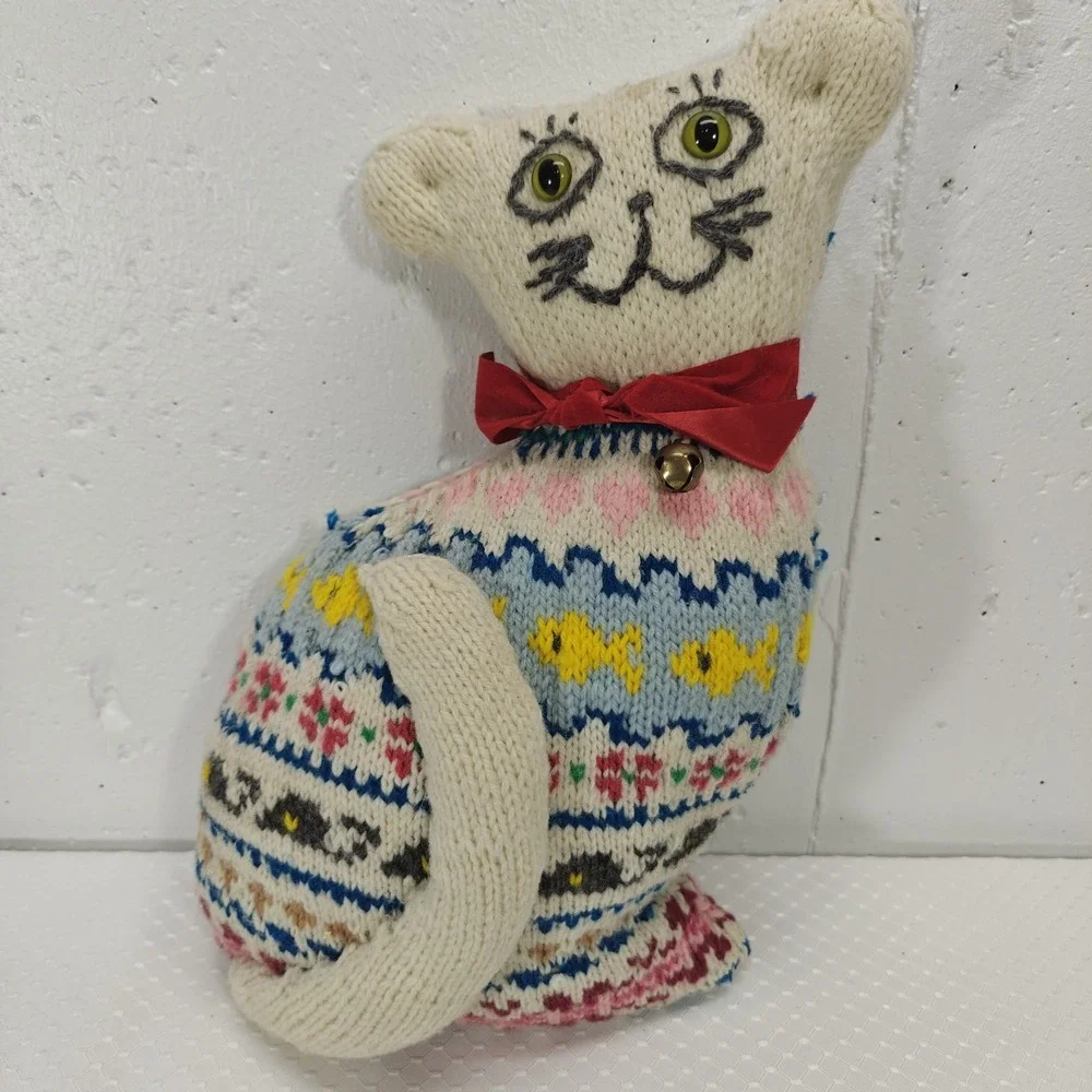 VTG Homemade Knitted‎ Cat Doll Pillow